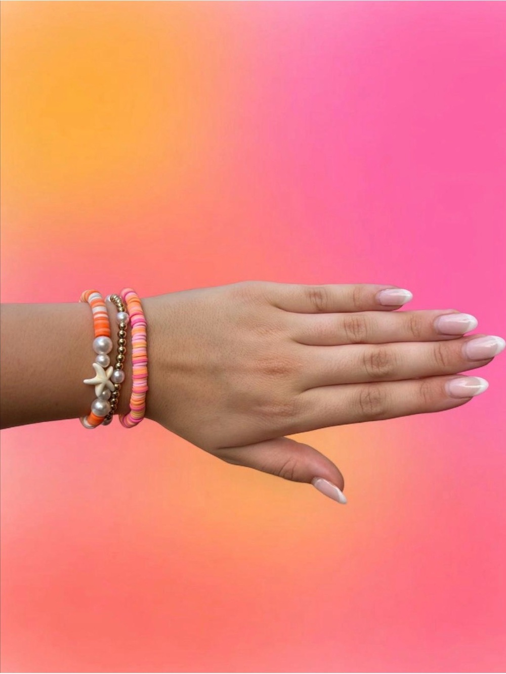 Handmade Pink & Orange Beaded Bracelet Set with Star Charm